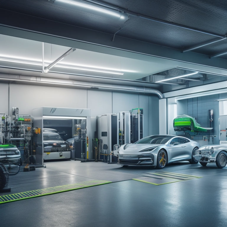 A futuristic, high-tech garage with sleek, silver machinery, a large, glowing green energy meter, and a fleet of electric vehicles with opened hoods, surrounded by tools and diagnostic equipment.