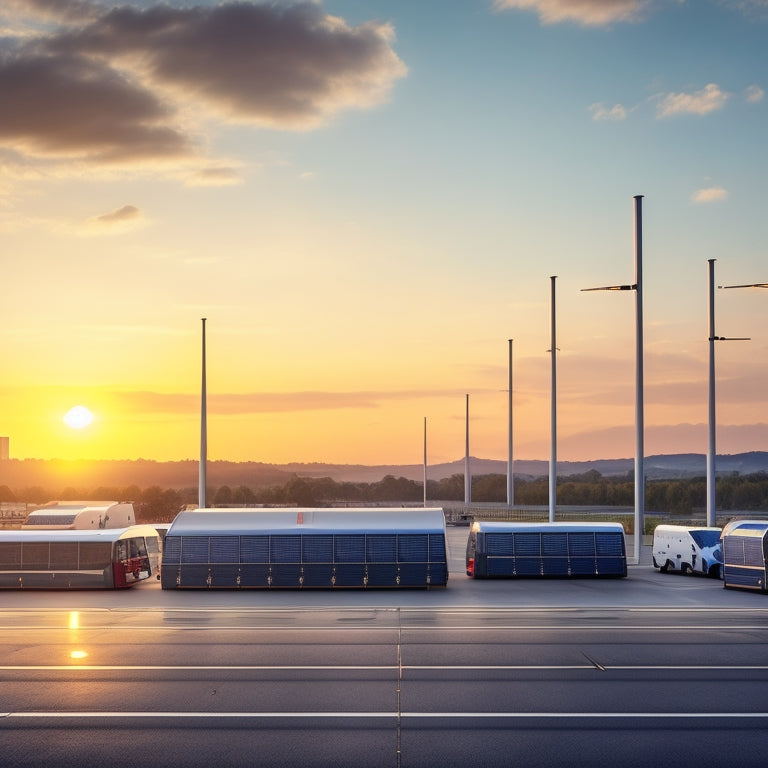 A futuristic bus depot at sunset with rows of sleek, silver buses and a large, modern solar panel array on the roof, with inverters and electrical components visible in the foreground.