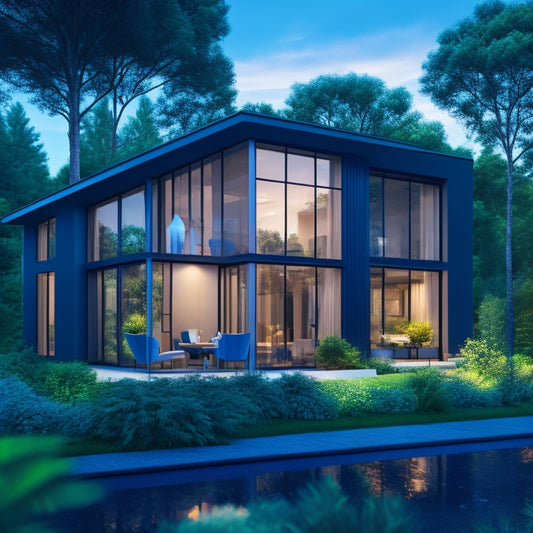 An illustration of a modern home with automated windows, showcasing a bright blue sky and lush green trees outside, while the interior is cozy and dimly lit, with a subtle glow of energy-efficient lighting.