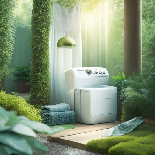 A serene, minimalist illustration featuring a washing machine surrounded by lush greenery, with a few white clothes hanging on a nearby clothesline, and a few soap bubbles gently floating upwards.