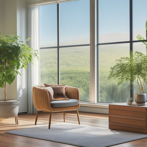 A serene living room with a sleek, modern air purifier in the corner, surrounded by lush green plants, a minimalist wooden coffee table, and a large window with a subtle cityscape view.