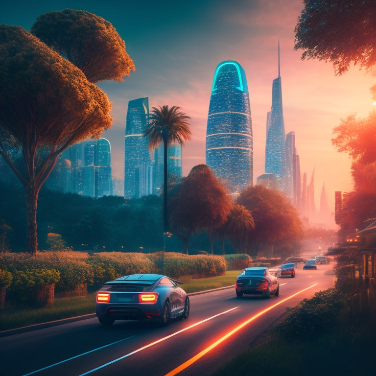 A stylized illustration of a futuristic cityscape at dusk, with sleek electric vehicles zipping by, surrounded by lush greenery, and a subtle glow of electric circuits in the background.