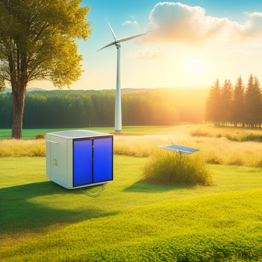 A serene, sun-drenched landscape with a small, sleek, and modern charging station nestled among lush greenery, featuring a mix of solar panels, wind turbines, and a battery bank.