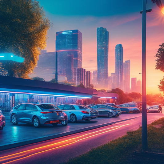 A futuristic cityscape at dusk, with sleek, electric vehicles parked in a row, surrounded by vibrant greenery, and a network of glowing charging stations and cables crisscrossing the pavement.