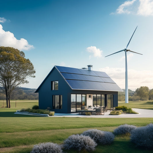 A serene, modern green home with a sleek, black solar panel roof, surrounded by lush greenery and a few wind turbines in the distant background, under a bright blue sky with fluffy white clouds.
