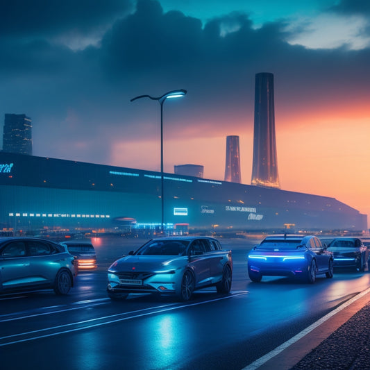 A futuristic cityscape at dusk with sleek, electric VinFast vehicles driving by, surrounded by neon lights and charging stations, with a blurred, ghostly image of a factory in the background.