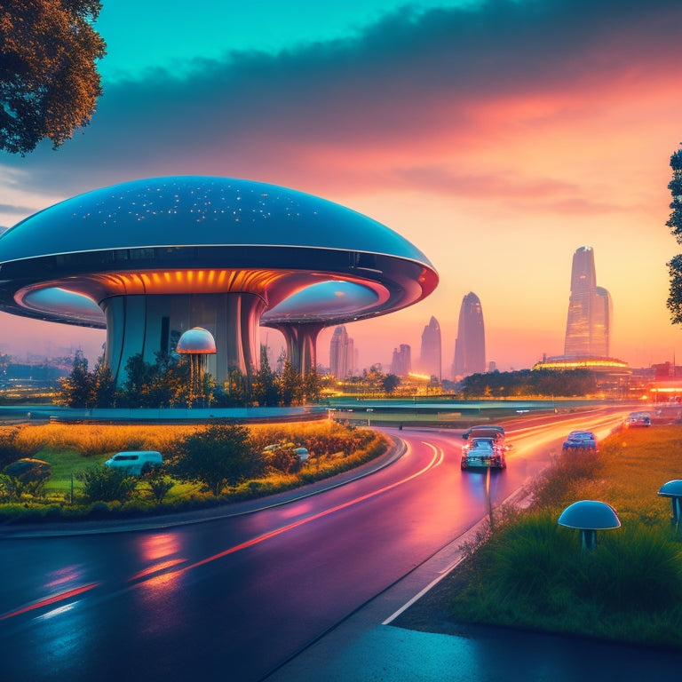 A futuristic cityscape at dusk, with sleek, curved charging stations resembling glowing mushrooms, surrounded by lush greenery and electric vehicles humming in the shadows.