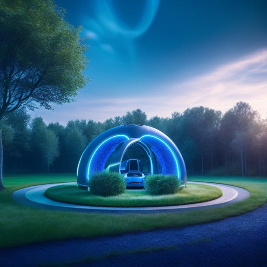 A futuristic EV charging station with sleek, curved lines, surrounded by lush greenery, featuring a large, circular, high-tech charging pod with glowing blue lights and a hovering drone above.