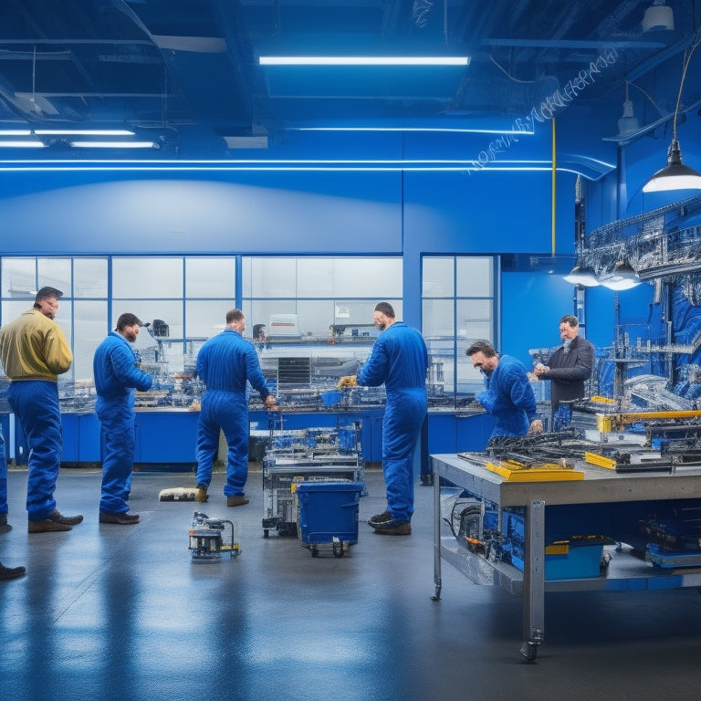 A bright, modern auto repair shop with sleek, silver tools and equipment, featuring a lifted electric vehicle with glowing blue circuits and wires, surrounded by busy, focused technicians in crisp uniforms.