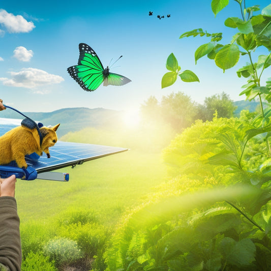 An illustration of a person in a green shirt and gloves, gently spraying a solar panel with a hose, surrounded by lush greenery and a few butterflies, under a bright blue sky with fluffy white clouds.