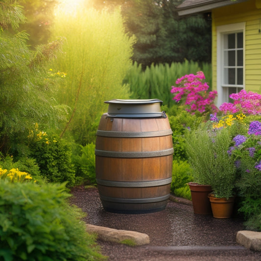A serene backyard scene featuring a rain barrel with a solar-powered pump, surrounded by lush greenery and vibrant flowers, with a subtle hint of sunlight and a few water droplets suspended in mid-air.