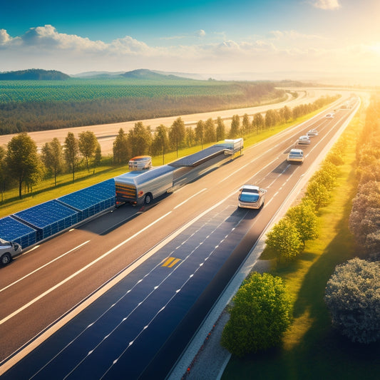 An illustration depicting a fleet of electric vehicles, with solar panels integrated into the trucks' rooftops, driving on a highway surrounded by greenery, with a subtle cityscape in the background.