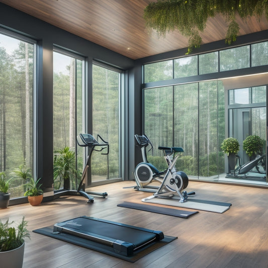 A modern home gym with a sleek, mirrored wall and hardwood floors, featuring a whisper-quiet, ceiling-mounted ventilation system, surrounded by exercise equipment and lush green plants.