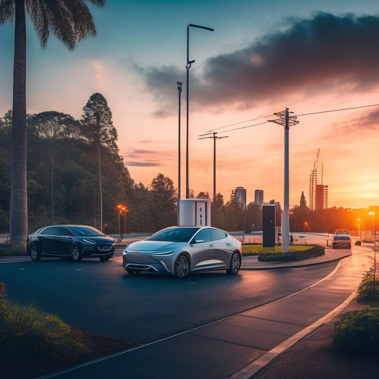 A futuristic, modern cityscape at dusk with sleek electric vehicles parked alongside a winding road, surrounded by vibrant greenery, and an Osburn Services EV charger standing prominently in the foreground.