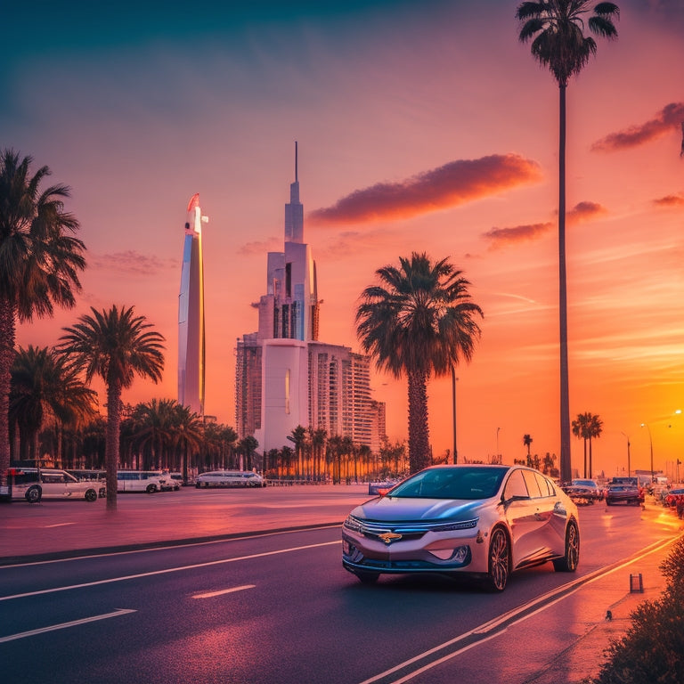 A futuristic cityscape of Valencia at dusk, with sleek, silver Chevrolet electric vehicles parked along the waterfront, surrounded by neon-lit skyscrapers and palm trees, under a vibrant orange and blue sky.