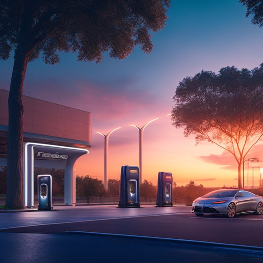 A futuristic cityscape at dusk with sleek, silver electric vehicle charging stations mounted on walls, pedestals, and in-ground, amidst modern buildings, trees, and a glowing highway.
