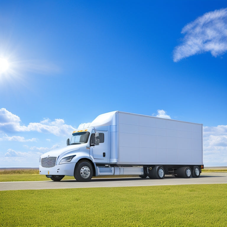 An illustration of a box truck with a sleek, modern roof-mounted solar panel system, angled for maximum energy absorption, set against a bright blue sky with fluffy white clouds.