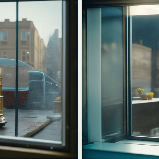 A split-screen image: a dirty, streaked commercial window on the left, and a sparkling clean one on the right, with a faint grid of cleaning schedule checkboxes in the background.