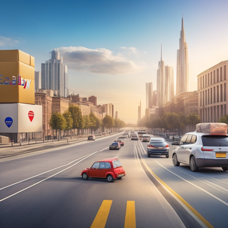 A stylized illustration of a car with an Ebay logo on the side, surrounded by parcels and boxes, with a subtle background of a cityscape or highway, conveying speed and efficiency.