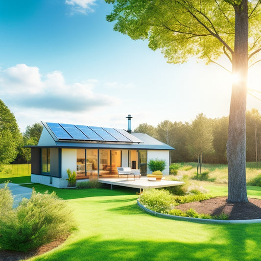 A serene, modern home surrounded by lush greenery, with solar panels on the roof and a sleek wind turbine in the backyard, set against a bright blue sky with few white clouds.