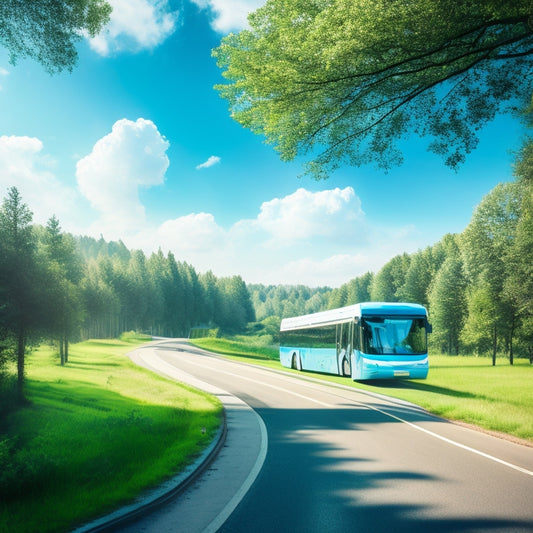 An illustration featuring a winding road surrounded by lush greenery, with a sleek electric car, a bicycle, and a hybrid bus in the distance, set against a bright blue sky with fluffy white clouds.