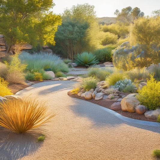 A serene, sun-drenched yard featuring a meandering dry creek bed, surrounded by lush, drought-tolerant plants, and adorned with large rocks and a statement piece of weathered metal garden art.