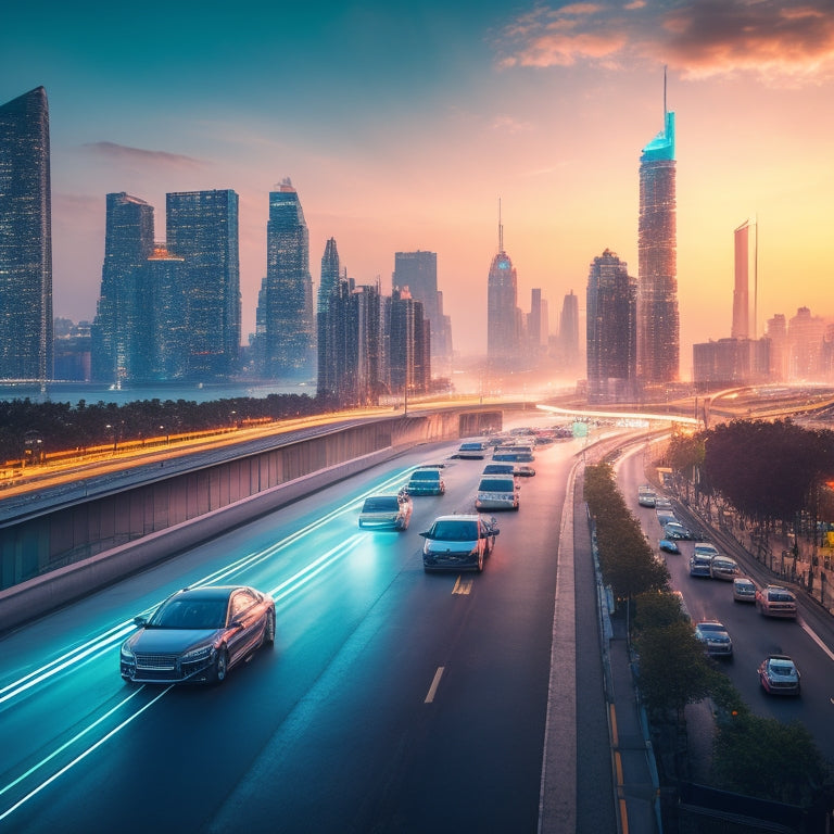 A futuristic cityscape at dusk, with sleek electric vehicles zooming past neon-lit skyscrapers, amidst a haze of blue and green hues, evoking a sense of innovation and eco-friendliness.