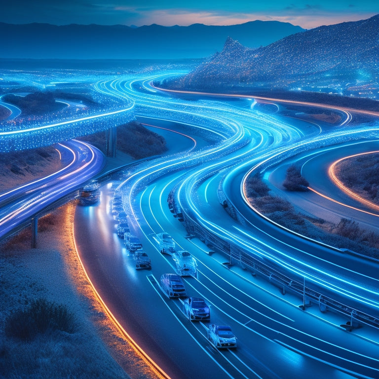 A stylized illustration of a futuristic highway with multiple electric vehicles (EVs) in motion, surrounded by glowing blue circuits and wires, symbolizing innovative EV standards and connectivity.