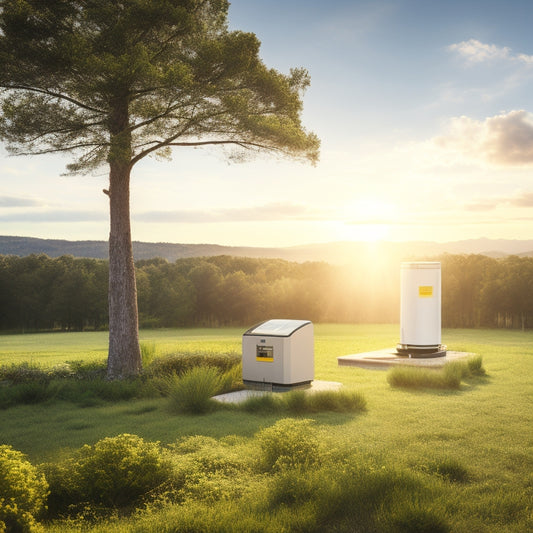 A serene, sun-drenched landscape with a small, sleek, and modern charging station nestled among lush greenery, featuring a mix of solar panels, wind turbines, and a battery bank.