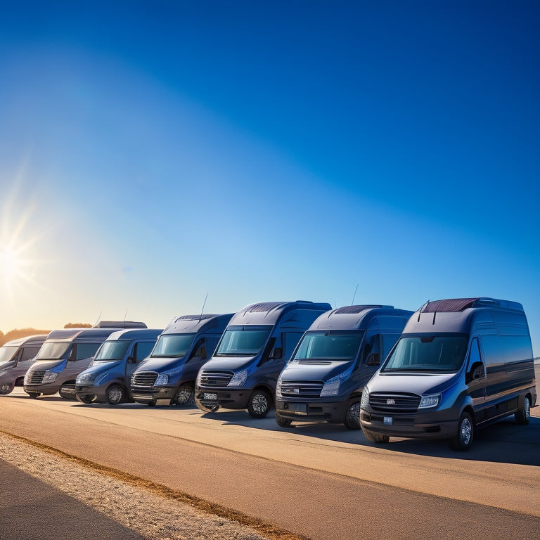 A fleet of vans parked in a sunny lot, each roof equipped with sleek, black solar panels, with a few panels tilted at an angle to capture the sun's rays, amidst a bright blue sky.