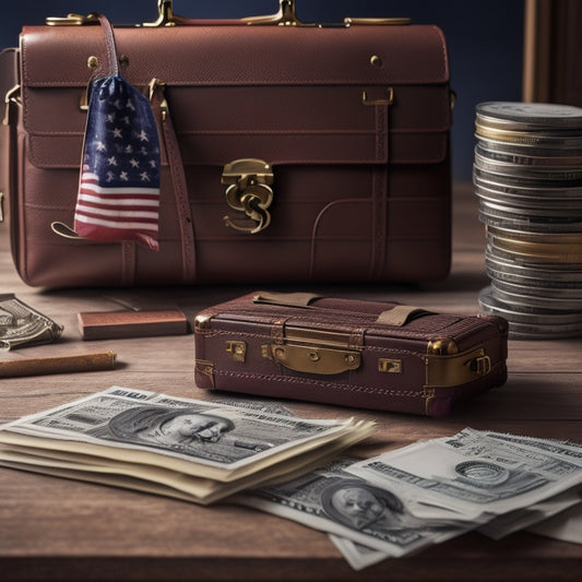 A stack of coins and dollar bills with a briefcase or suitcase in the background, surrounded by papers and pens, with a subtle American flag pattern in the background.