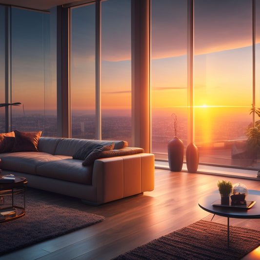 A futuristic living room with a large window showing a cityscape at sunset, featuring a smart thermostat, voice-controlled lighting, and a sleek energy monitoring system on a tablet.