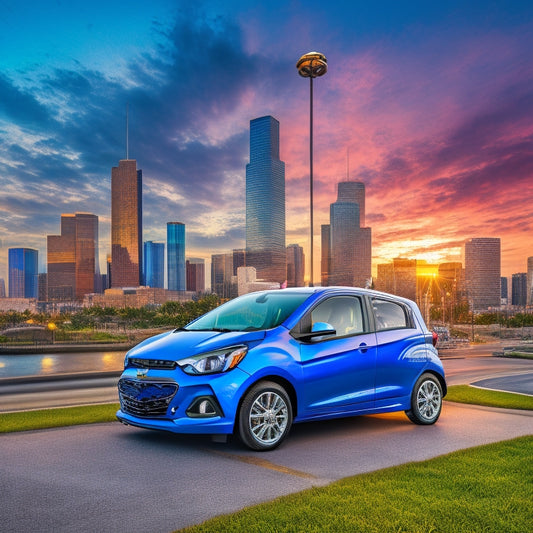 A vibrant illustration of a Chevrolet Spark EV driving through a stylized Houston cityscape at sunset, with bold, electric blue accents and abstract energy waves emanating from the vehicle.