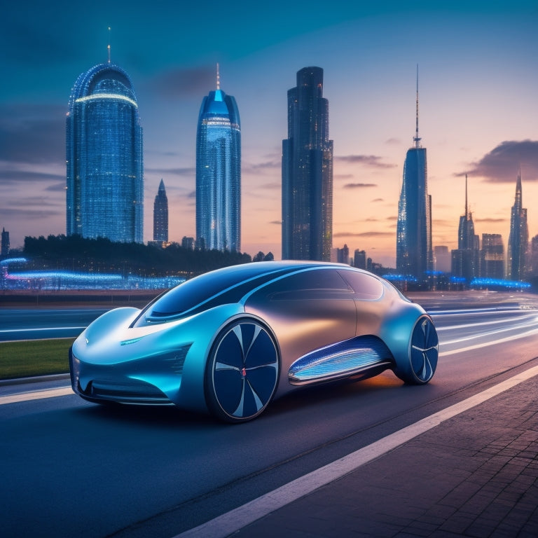 A futuristic, sleek, silver electric vehicle with glowing blue accents, set against a blurred cityscape background with a large, curved, modern architecture building at dusk.