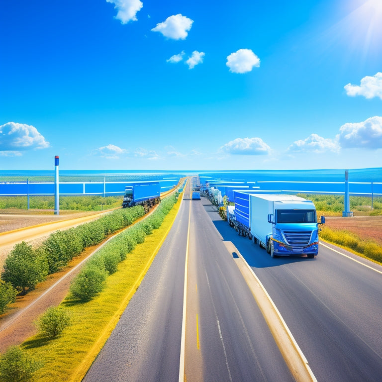 A stylized illustration featuring a fleet of vehicles, including trucks and vans, driving on a highway lined with solar panels, with a bright blue sky and fluffy white clouds in the background.