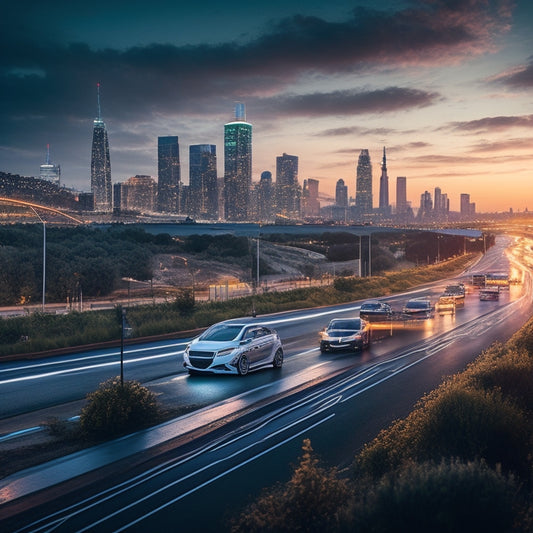 A futuristic cityscape at dusk with sleek, electric Ford vehicles zooming by, their headlights illuminating a winding road lined with charging stations and verdant greenery.