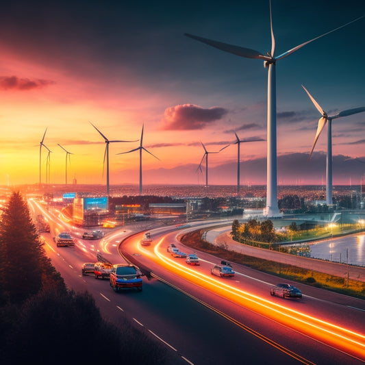 A futuristic cityscape at dusk with sleek electric vehicles zooming past, their LED lights illuminating the roads, amidst a backdrop of wind turbines and solar panels, symbolizing a sustainable future.