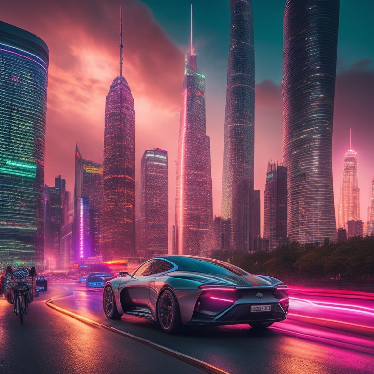 A futuristic cityscape at dusk, with sleek, silver EVs zooming by, amidst neon-lit skyscrapers, with a giant, glowing Chinese dragon wrapping around a charging station in the foreground.