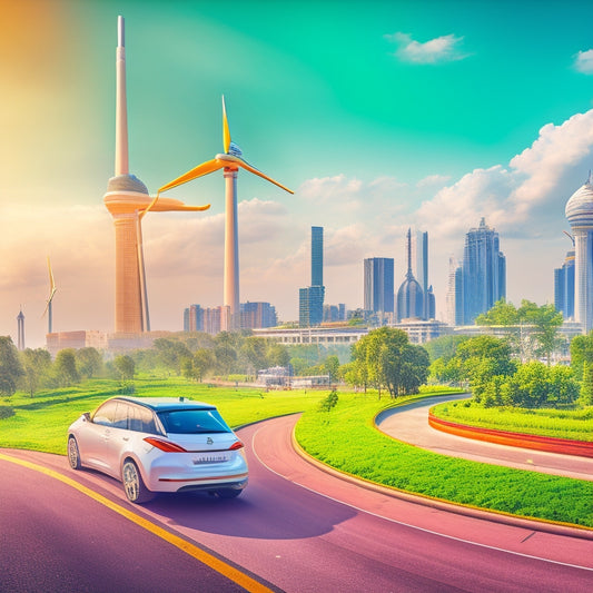 A futuristic illustration of the Delhi cityscape with sleek electric vehicles zooming past iconic landmarks, surrounded by lush greenery and wind turbines, under a bright blue sky with a few wispy clouds.