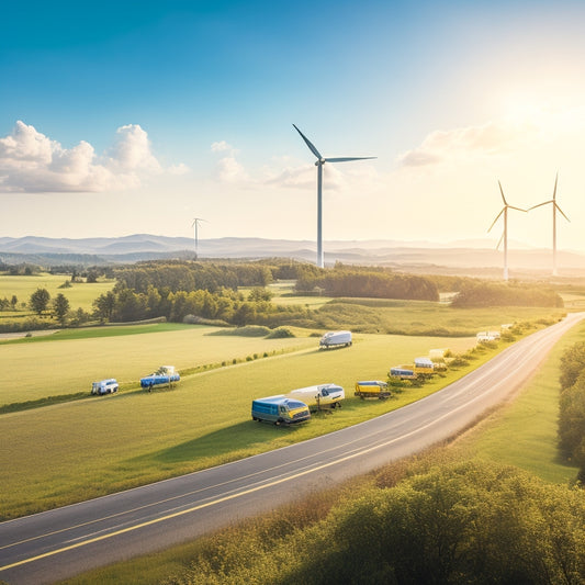 A serene landscape with a fleet of electric vehicles, wind turbines, and solar panels in the background, surrounded by lush greenery and a bright blue sky.