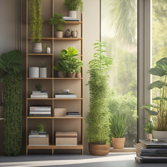 A stylized, minimalist bookshelf with 5-7 books stacked vertically, surrounded by lush greenery, vines, and a few potted plants, set against a bright, airy urban background with subtle cityscape hints.