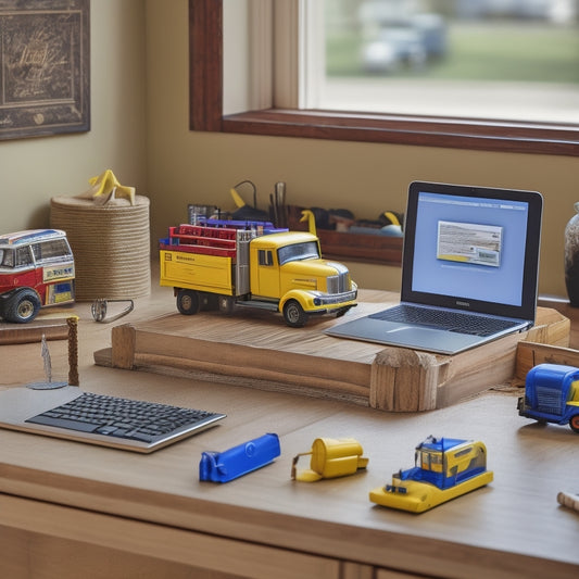 A clutter-free workstation with a laptop displaying the Ebay website, surrounded by scattered truck manuals, a few screwdrivers, and a small toy truck in the corner, on a light brown wooden desk.