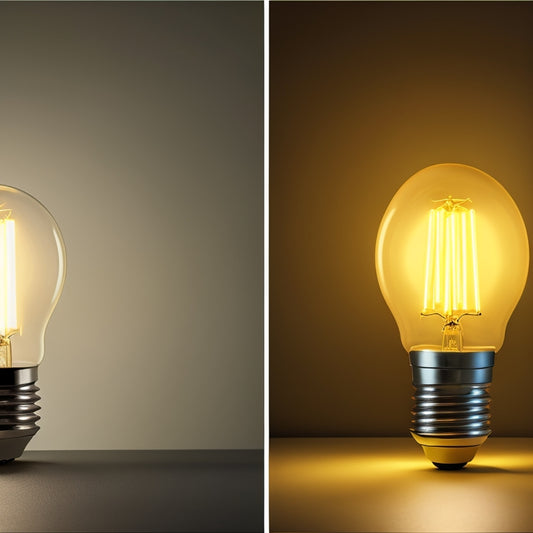 A split-screen image featuring a traditional incandescent bulb on the left, dimly lit and surrounded by a faint yellow haze, versus a bright, modern LED bulb on the right, radiating a crisp white glow.