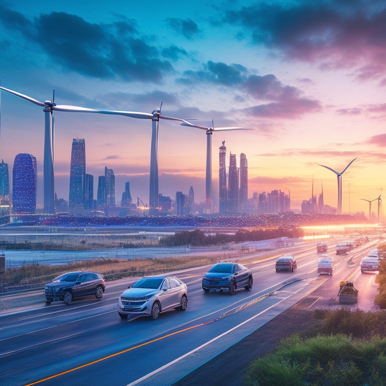 A futuristic cityscape at dusk with sleek, silver electric vehicles zipping by, surrounded by charging stations, wind turbines, and solar panels, set against a backdrop of a bright, glowing circuit board.