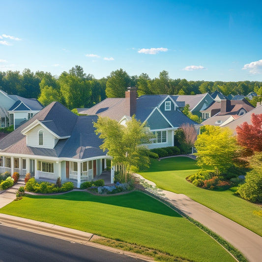 A serene suburban neighborhood with various houses, each featuring a distinct cool roof type (white, green, solar), surrounded by lush greenery, under a bright blue sky with a few puffy white clouds.