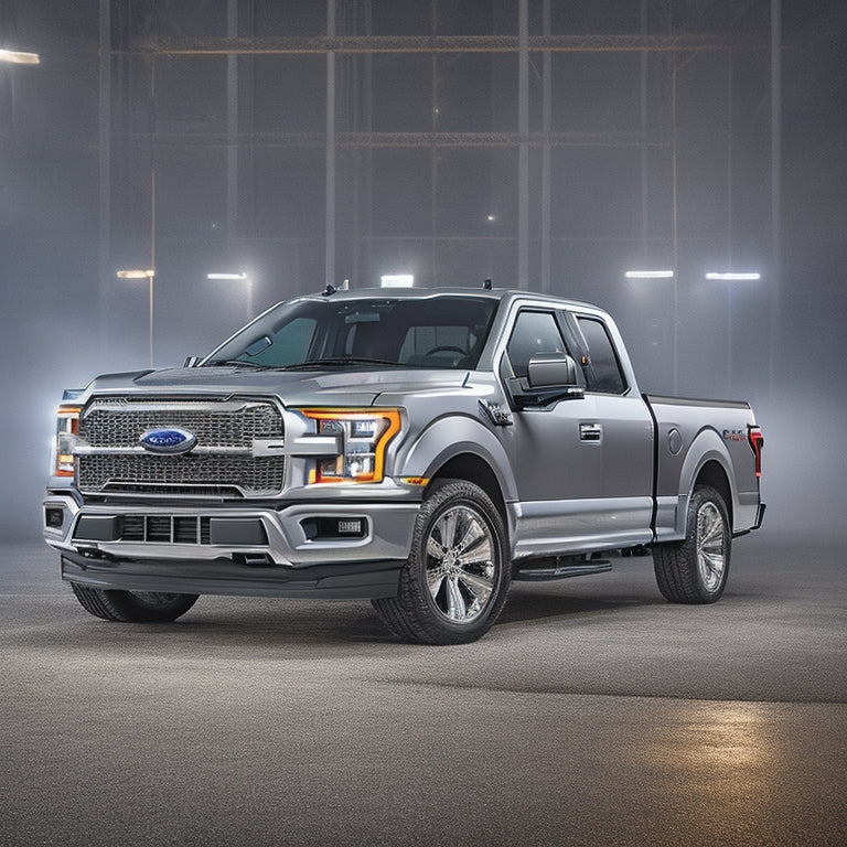 A futuristic, silver Ford F-150 Lightning truck standing alone on a sleek, metallic grey background, with a subtle grid pattern, illuminated by soft, blueish-white LED lights, amidst a faint, misty atmosphere.