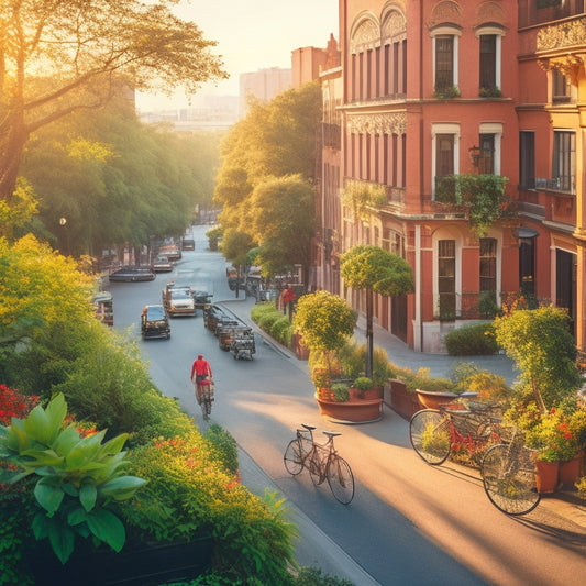A vibrant, sun-drenched cityscape with lush, verdant walls and rooftops, teeming with diverse greenery, showcasing a bustling street scene with pedestrians, bicycles, and eclectic urban architecture.