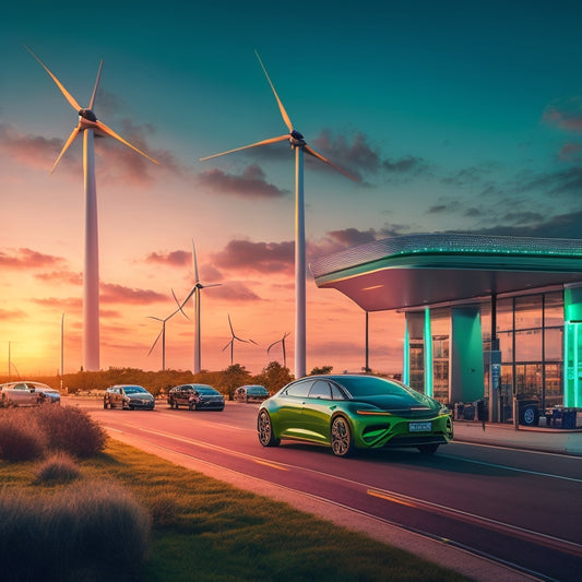 A futuristic cityscape at dusk with sleek, electric vehicles parked alongside modern charging stations, surrounded by wind turbines and solar panels, with a bright green glow emanating from the charging units.