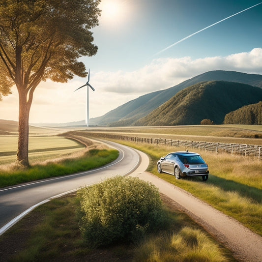 An illustration of a sleek, silver electric car driving on a winding road surrounded by lush greenery, with a faint outline of a wind turbine and solar panels in the background.