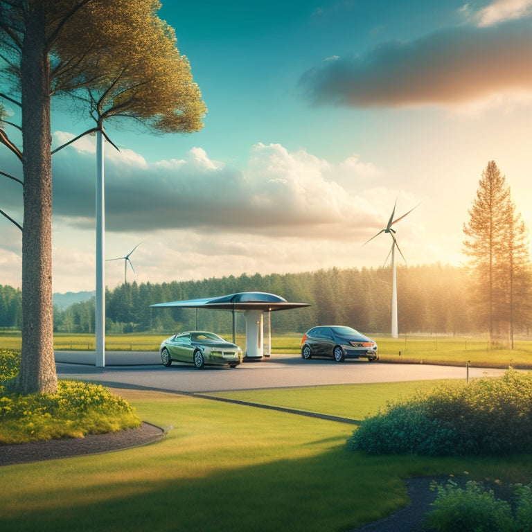 A serene landscape depicting a futuristic electric vehicle charging depot, surrounded by lush greenery, with solar panels and wind turbines generating power in the background.